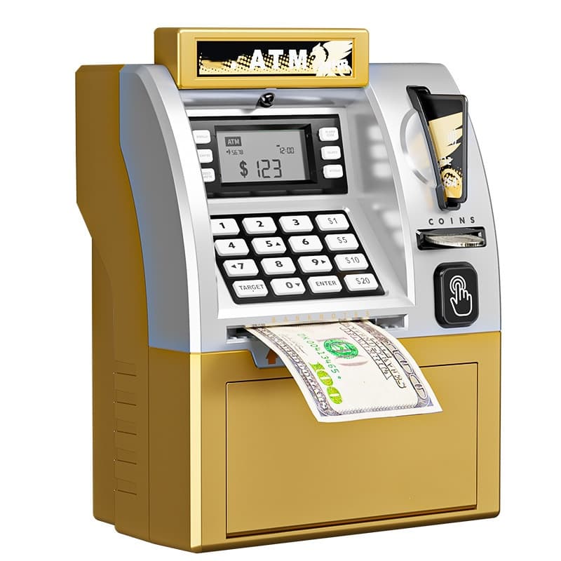 Kids ATM Savings Bank - Electronic Piggy Bank with Debit Card, PIN (Gold)