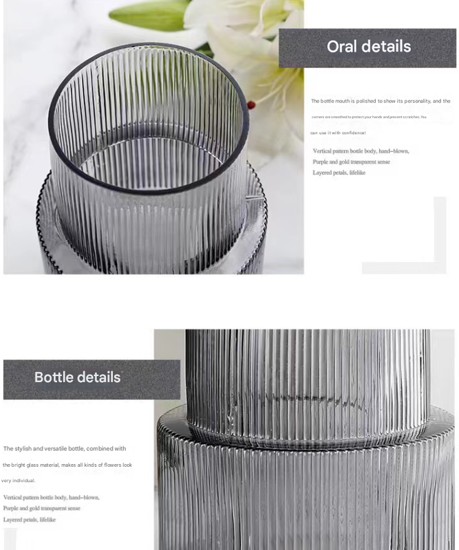 Transparent Modern Two-Tier Ribbed Glass Vase - Cylindrical Flower