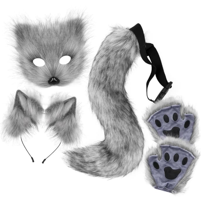 Dark grey Halloween Furry Fox Costume Set - Plush Mask, Ears Headband, Tail