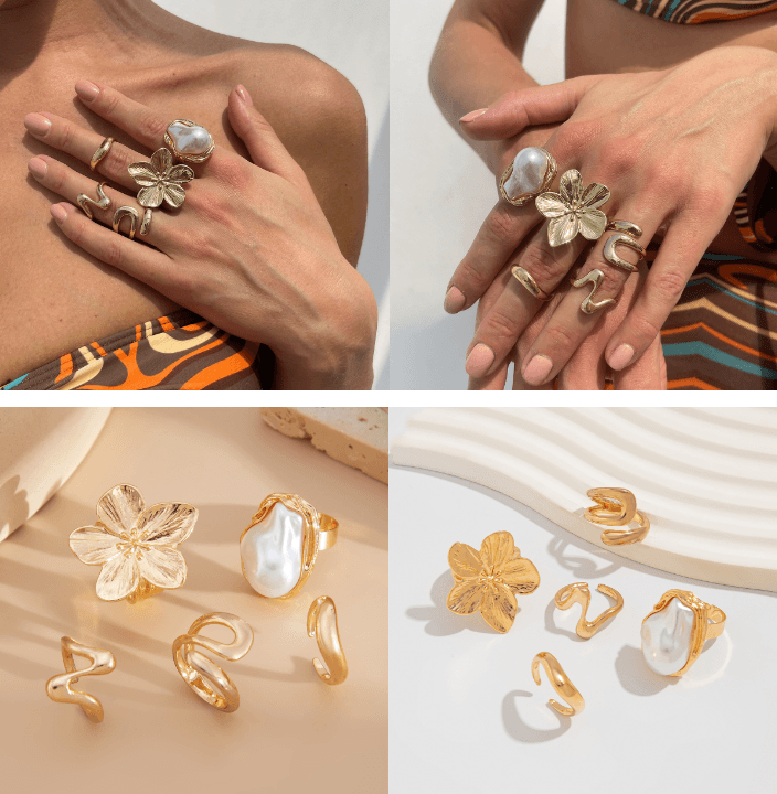 5-Piece Liquid Gold Tone Ring Set - Baroque Faux Pearl, Textured Flower