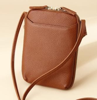 Brown Leather Mini Crossbody Phone Bag - Multi-Pocket Organizer for Women