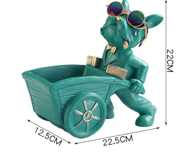 French Bulldog Pushing Wheelbarrow Storage Figurine Resin Statue Key Bowl