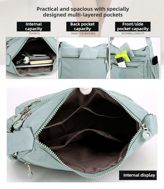 Black Versatile Nylon Multi-Pocket Crossbody Bag - Lightweight Casual Travel