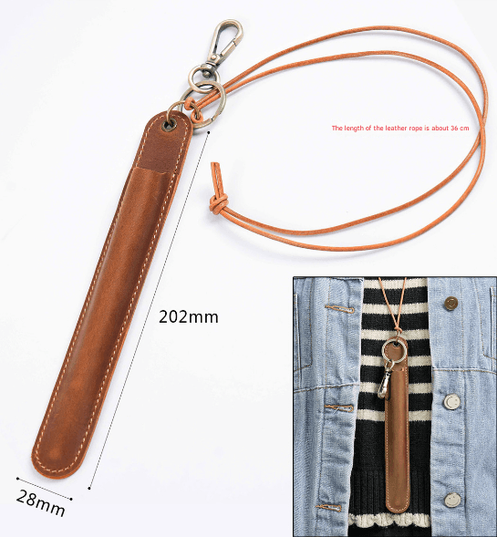 Coffee Vintage Top-Grain Leather Pen Sleeve Holder with Neck Strap