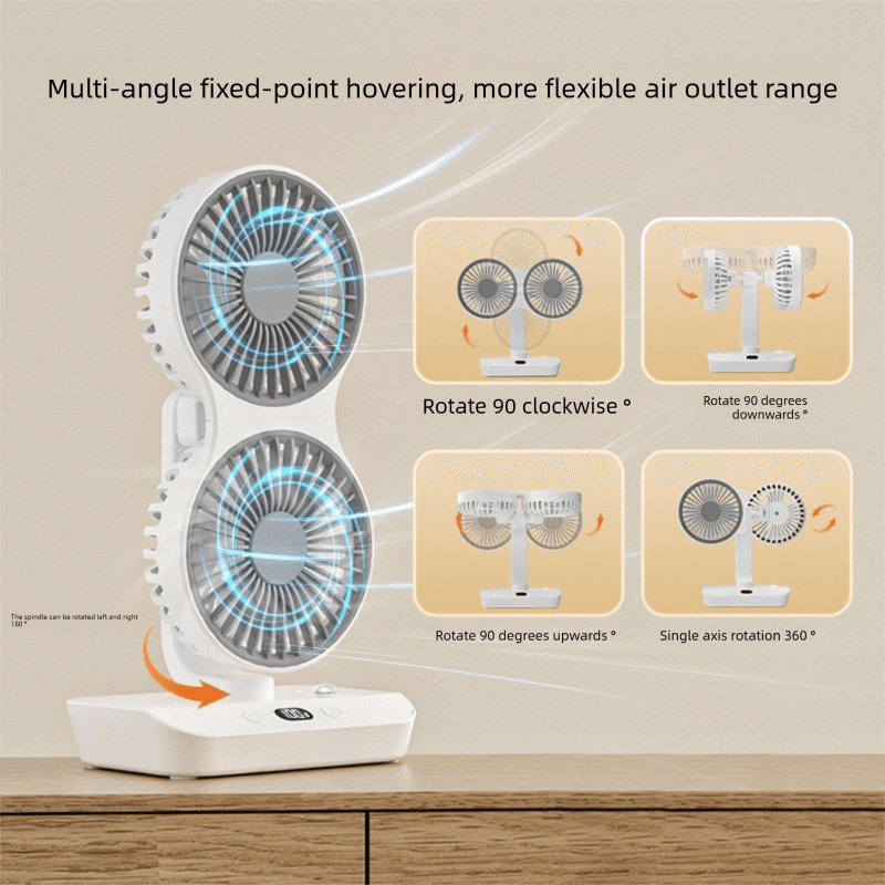 Dual-head Desktop Fan 4000mAh Rechargeable with 4 Speeds LED Display