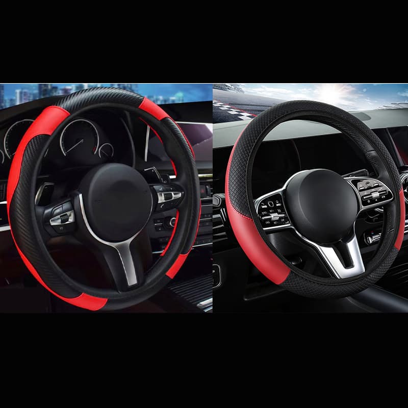 2-Pack (Type A + Type B) Red And Black Sporty Carbon Fiber Leather Steering