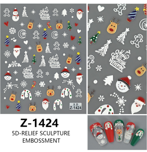4-Piece 5D Embossed Christmas Nail Art Stickers - Santa, Snowman - Z-1424