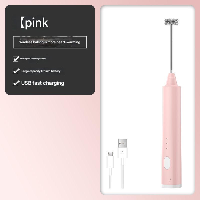 Pink Cordless Drink Mixer & Frother Wand - USB Powered (Spring bubbler head)