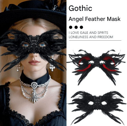 Black Mysterious Gothic Feather Masquerade Mask - Black Angel Wing Venetian