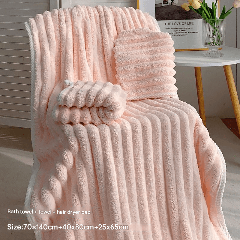 Pink Plush Ribbed Coral Fleece 3-Piece Towel Set - Ultra Soft & Absorbent