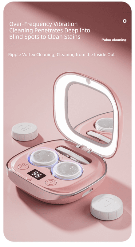 Pink Portable Sonic Wave Contact Lens Cleaner with LED Makeup Mirror