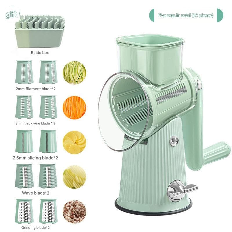 Multi-Function Rotary Vegetable Slicer & Grater - 5 Blade Types - Green