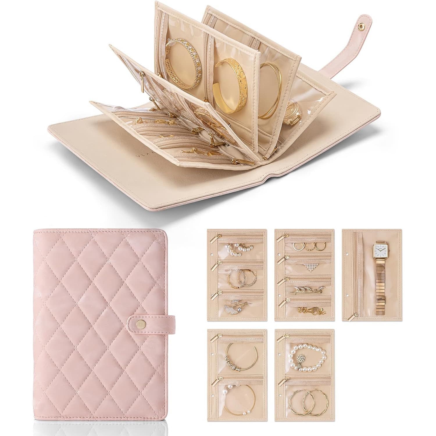 Pink Quilted Travel Jewelry Organizer Binder - Portable Loose-Leaf Storage