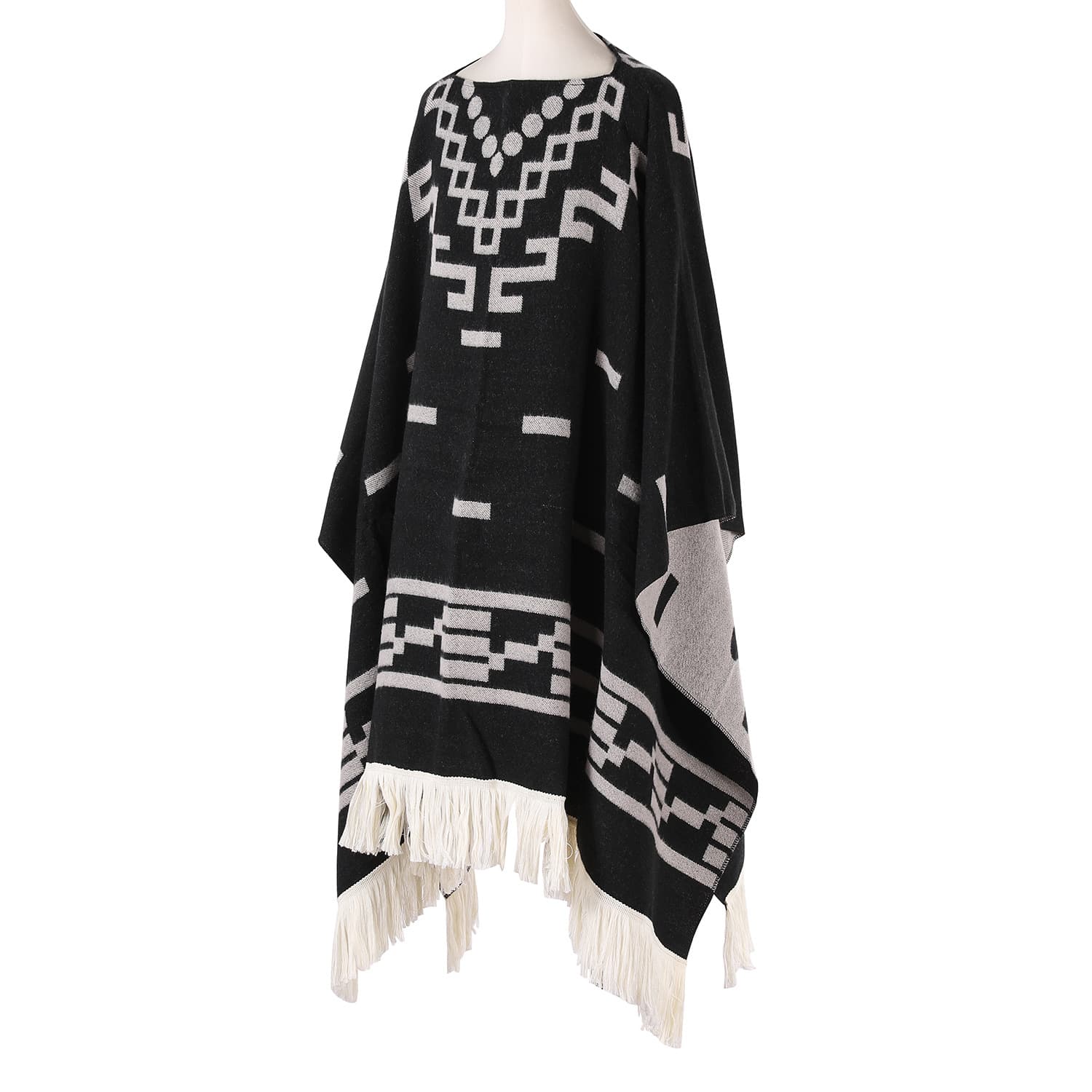 Black Women's Versatile Faux Cashmere Poncho Cape Shawl with Geometric