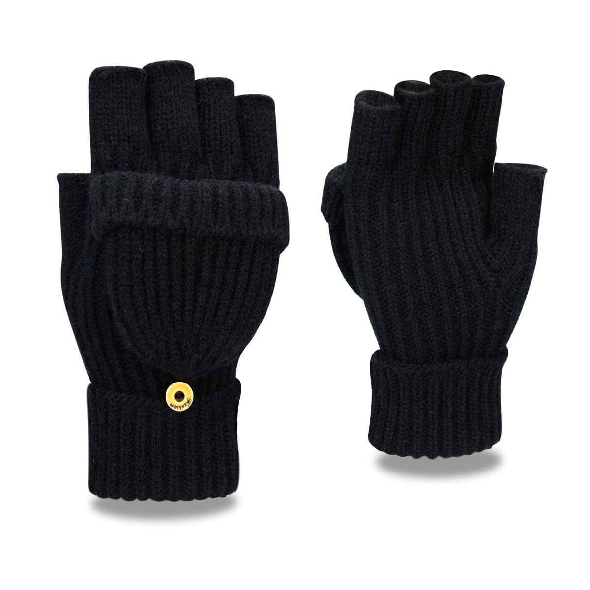 Black Winter Convertible Mittens - Warm Knitted 2-in-1 Fingerless Gloves