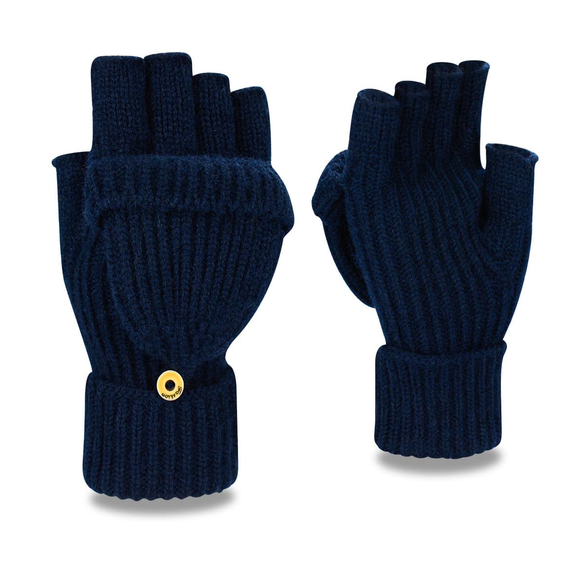 Navy Blue Winter Convertible Mittens - Warm Knitted 2-in-1 Fingerless Gloves
