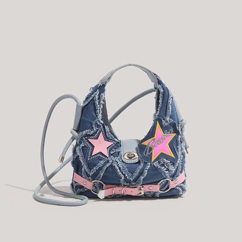 Trendy Denim Crescent Bag - Distressed Star Punk Style Crossbody Handbag