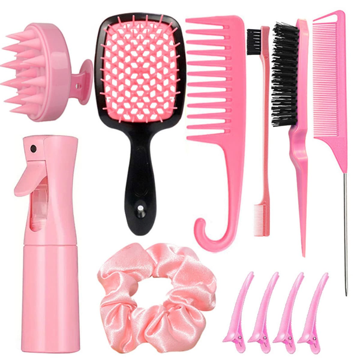 Complete Hair Styling Kit with Detangling Brushes, Combs, Spray - Pink