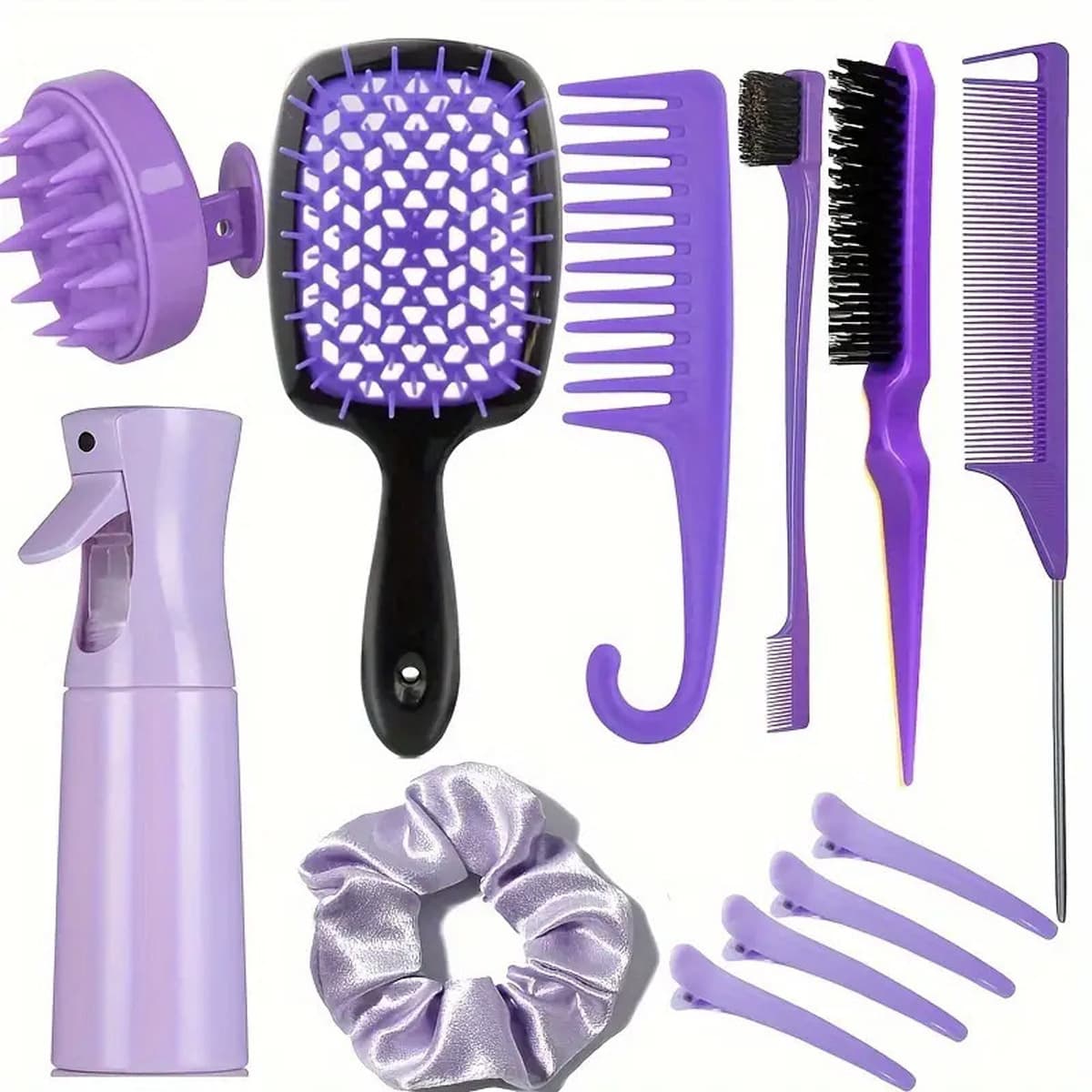 Complete Hair Styling Kit with Detangling Brushes, Combs, Spray - Purple