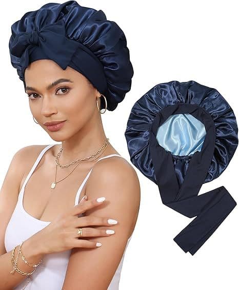 Double-Sided Satin Bonnet with Elastic Band - Navy Blue Light Blue