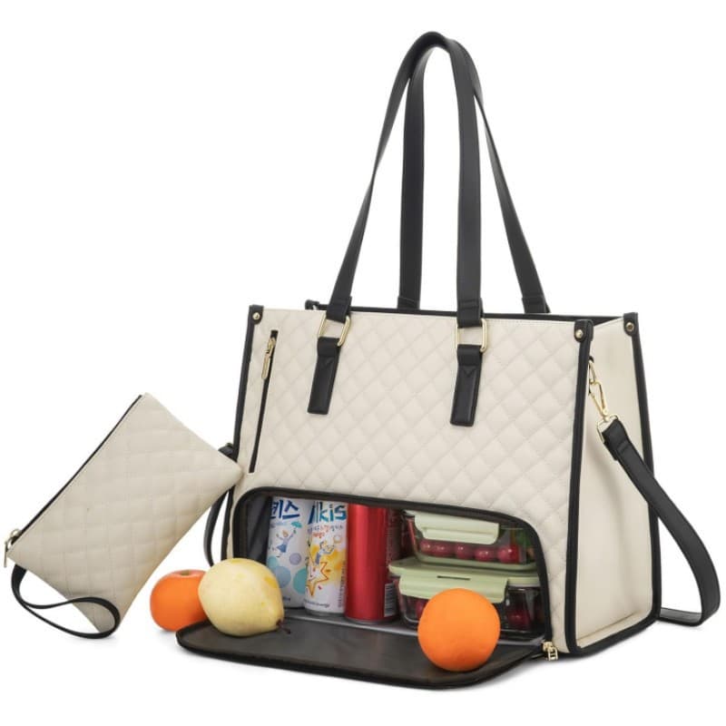 Quilted Laptop & Lunch Tote Bag, Water-Resistant with Insulated - Beige