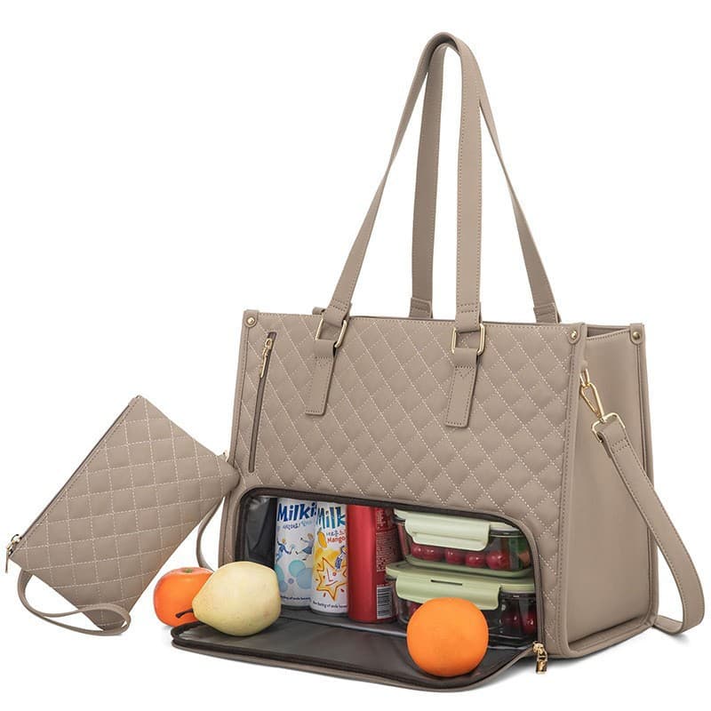 Quilted Laptop & Lunch Tote Bag, Water-Resistant with Insulated - Khaki