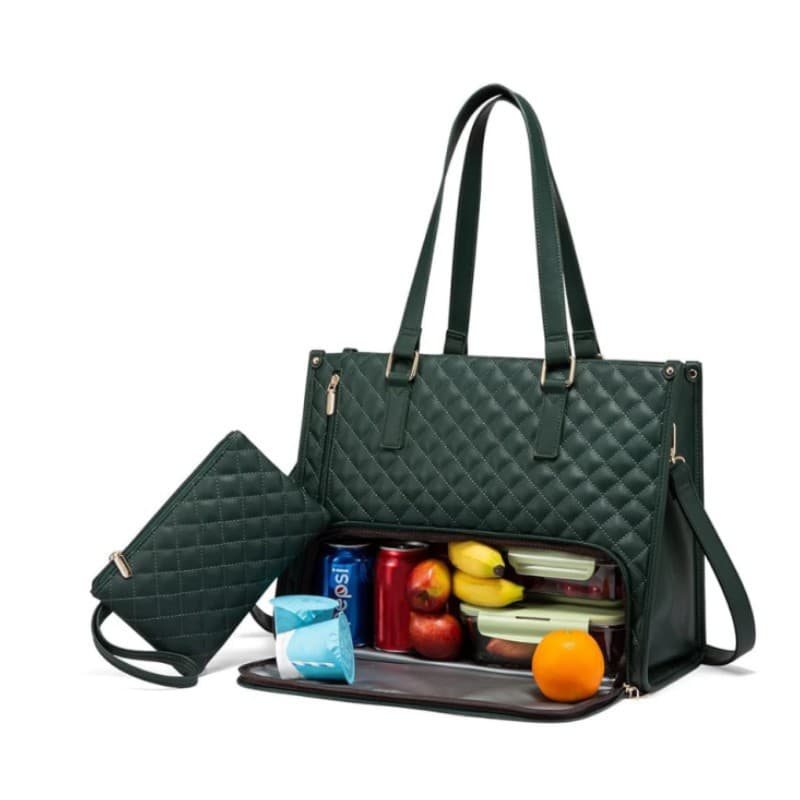 Quilted Laptop & Lunch Tote Bag, Water-Resistant with Insulated - Green