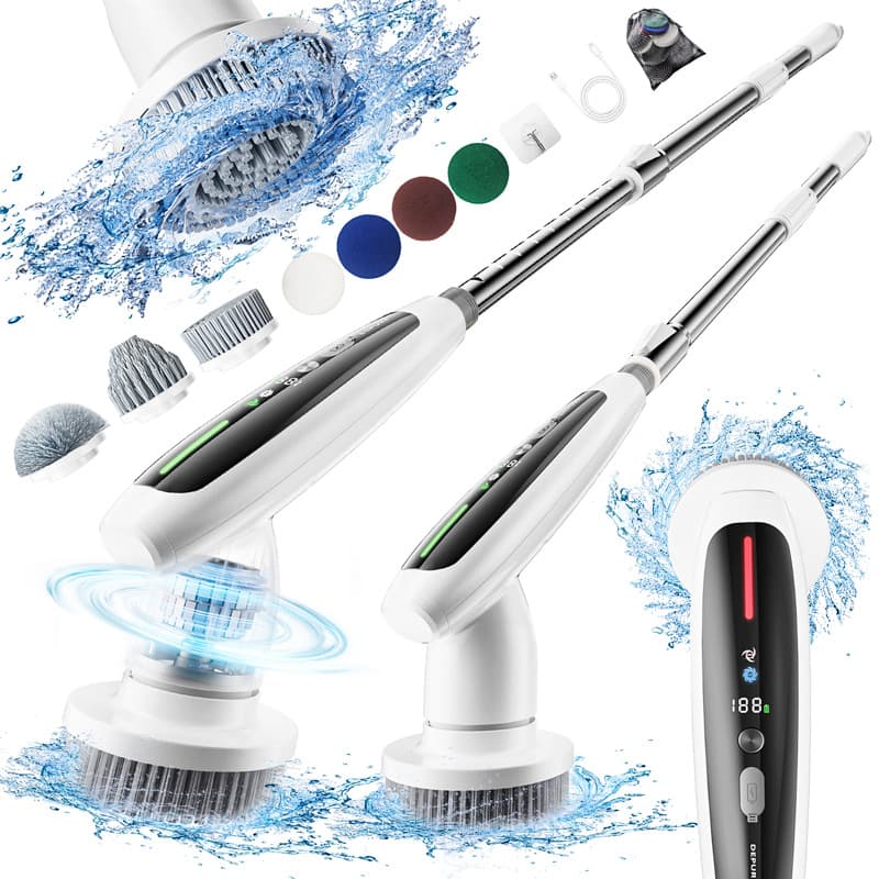 Electric Spin Scrubber with Adjustable Extension Handle & 8 Brush Heads