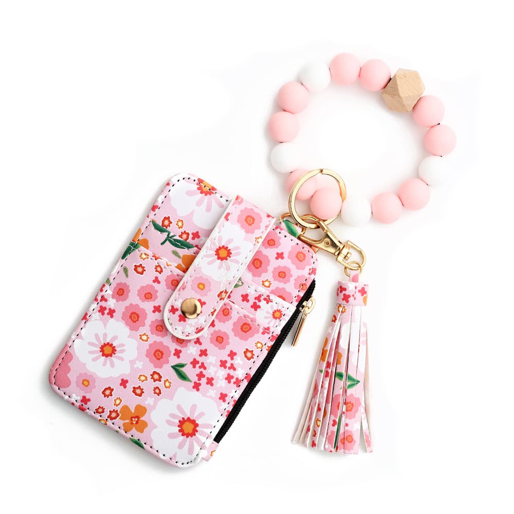 Floral Slim Card Holder Wallet with Beaded Keychain Bracelet - Light pink