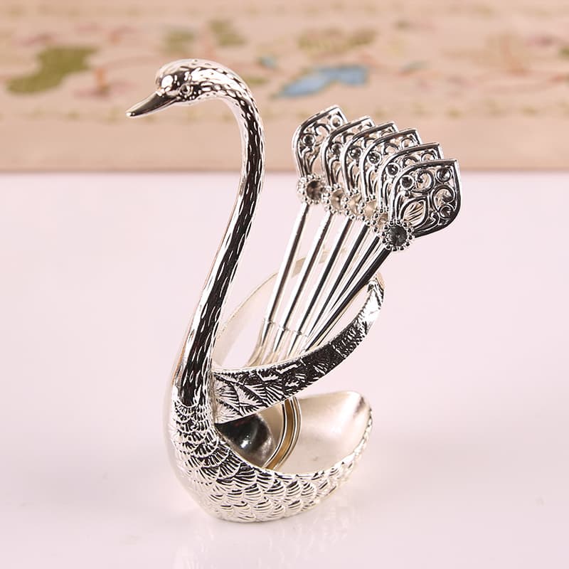 Silver Swan Cutlery Holder Set with 6 Dessert Spoons