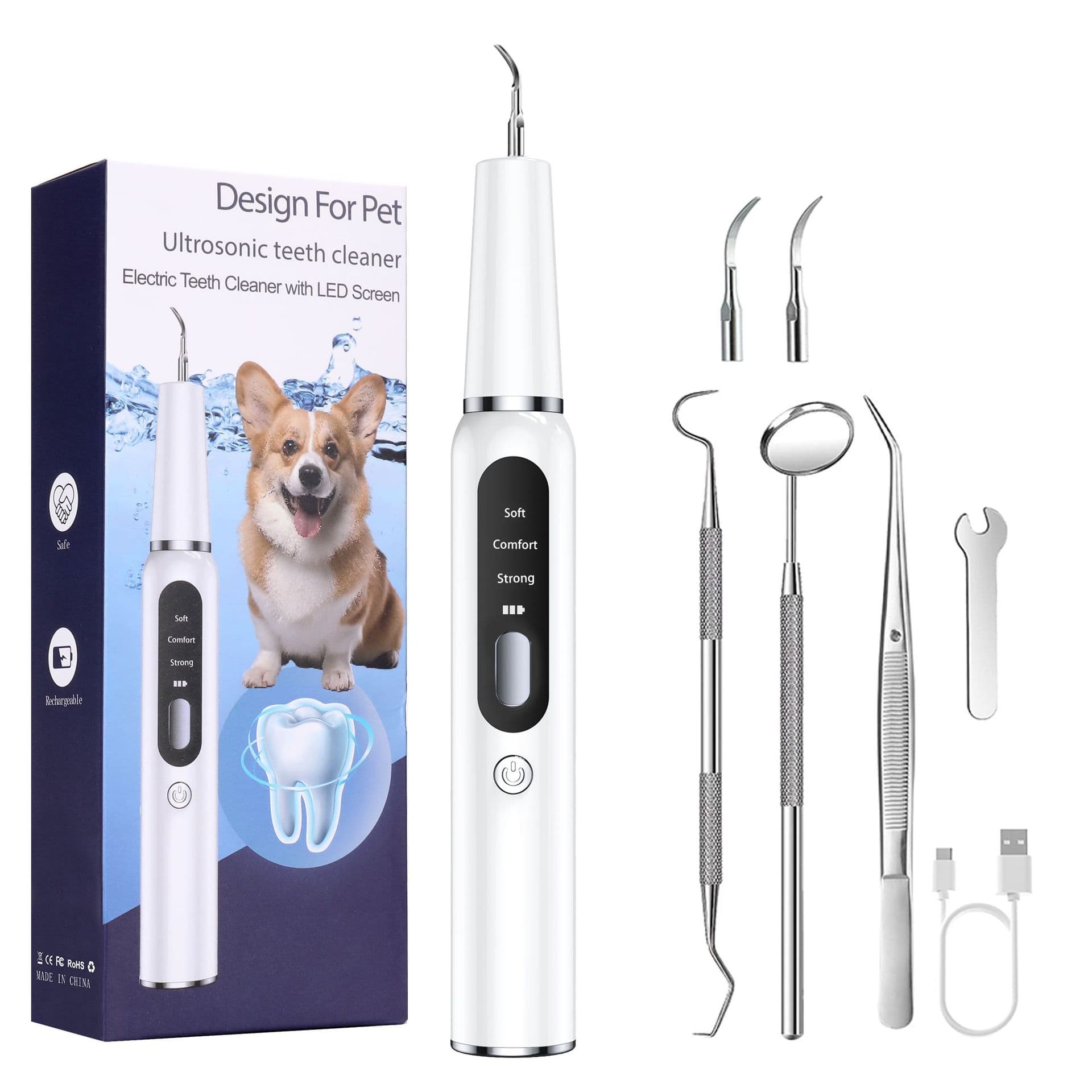 White Professional Pet Dental Cleaning Kit - Ultrasonic Scaler, Tools & 3