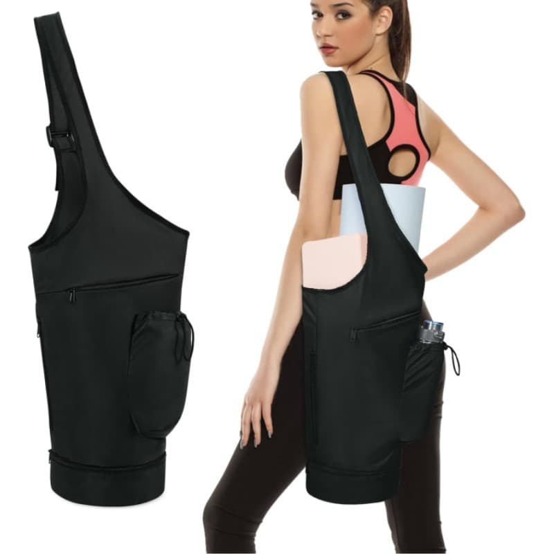 Black All-in-One Yoga Sling Bag - Fits Mat & Gear, Large Opening, Side