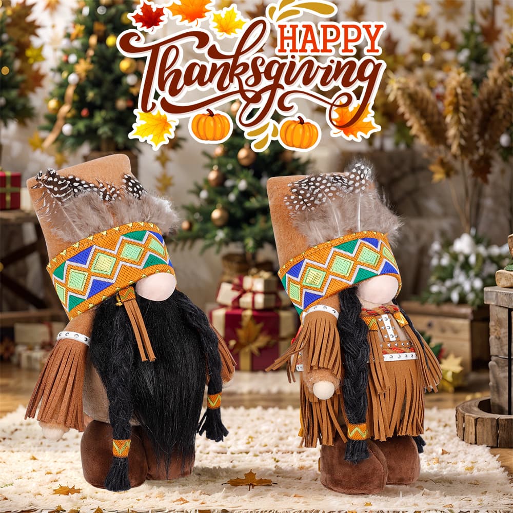 Plush Thanksgiving Dolls - Faceless Figures with Fringe - 2-Piece Set