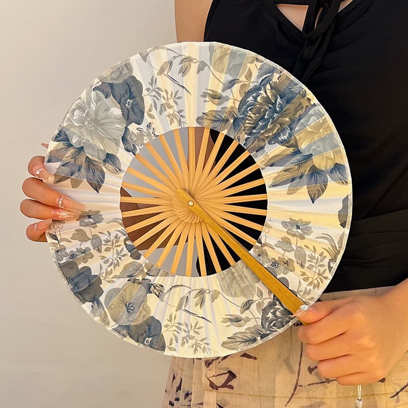 2-Piece Floral Bamboo Folding Hand Fan - Traditional Chinese - Ink flower
