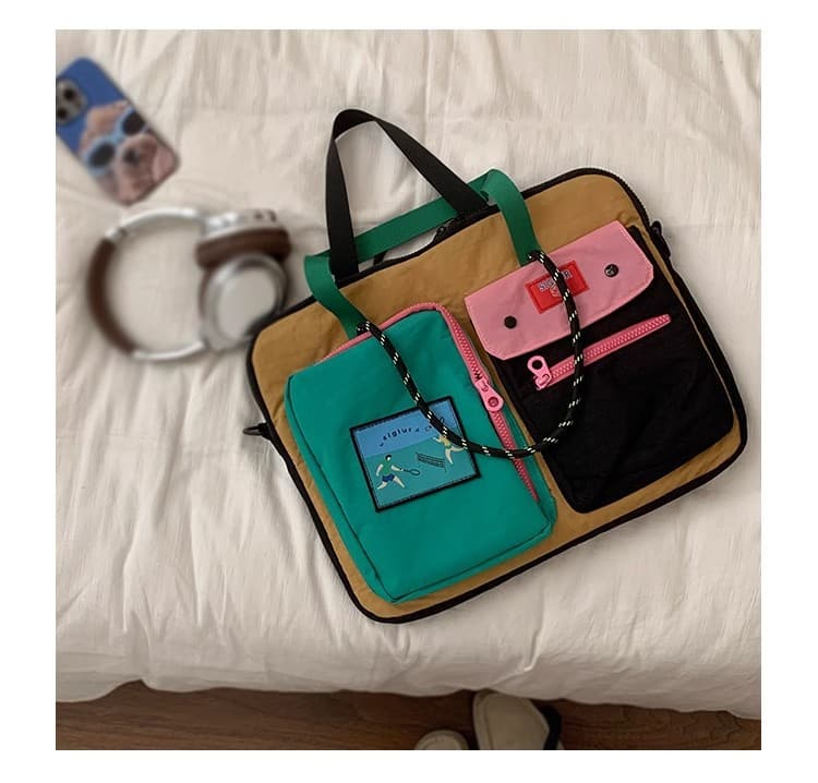 Black Color Block Canvas Laptop Tote Bag - Funky - 37 × 31 × 3 cm