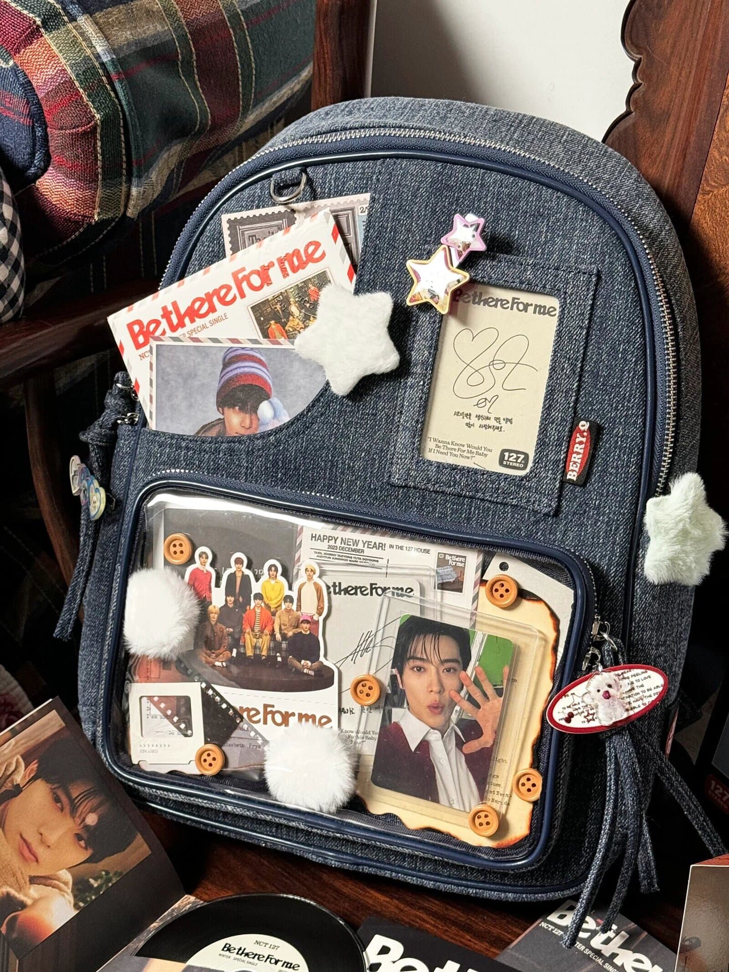 Dark blue Large Capacity Anime Denim Bookbag for School Commute Anime Fans