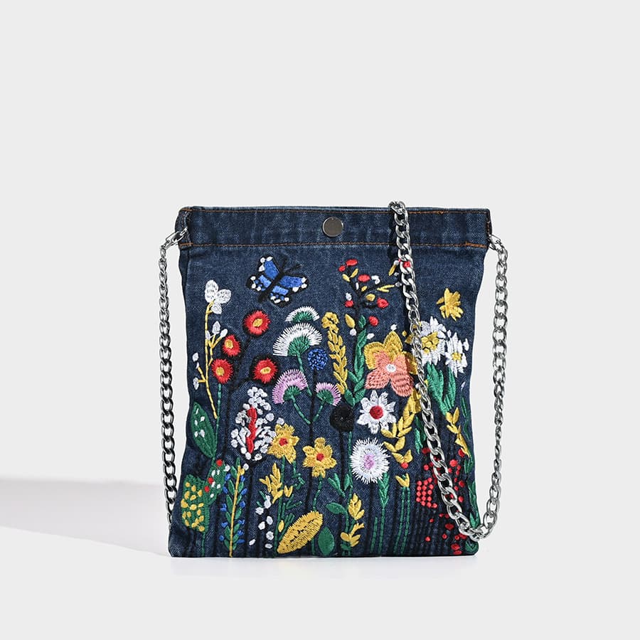 Embroidered Floral Denim Crossbody Bag - Butterfly & Wildflower Design