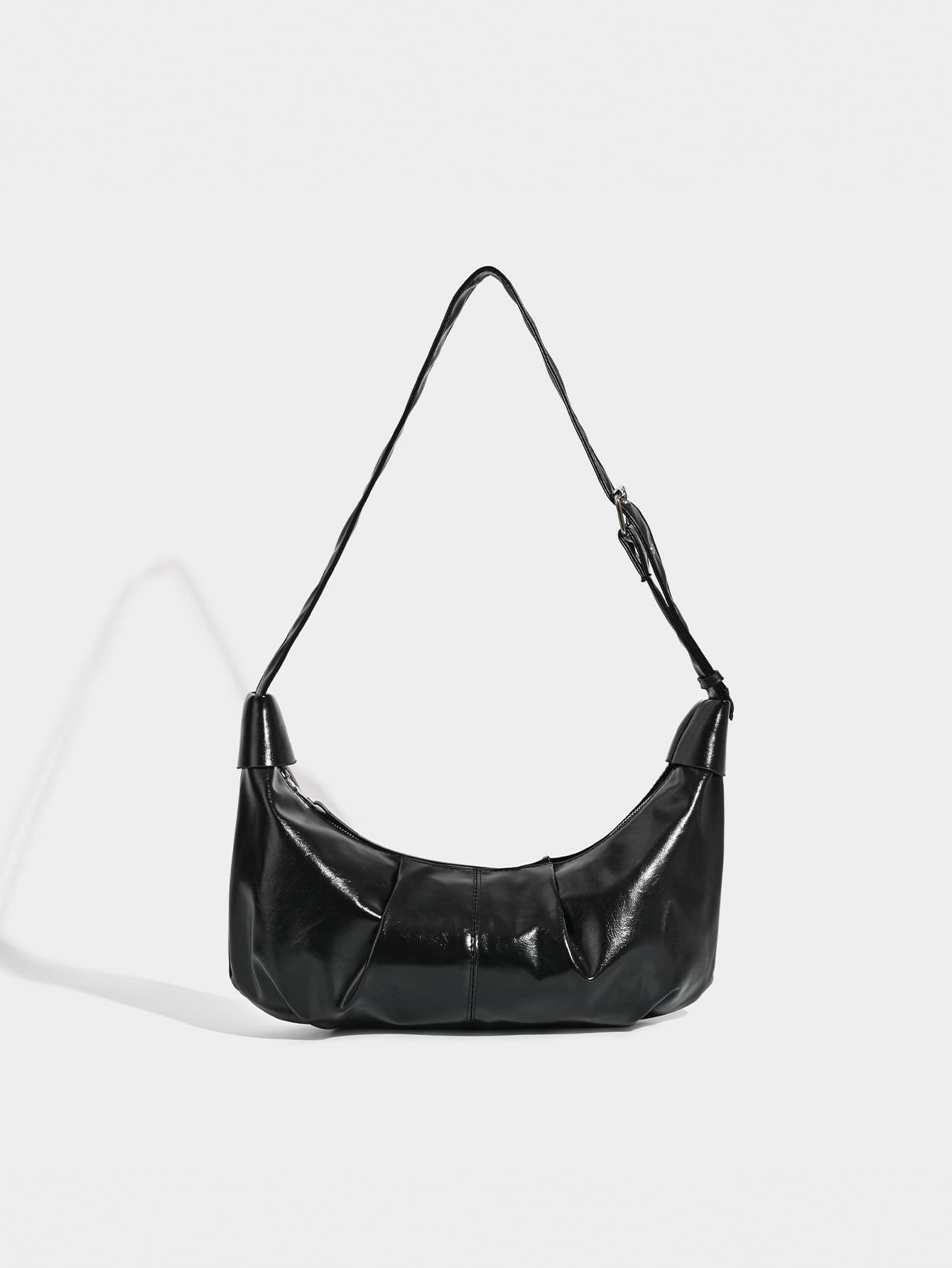 Ruched Faux Leather Bag - Vintage Inspired Croissant Style, Black