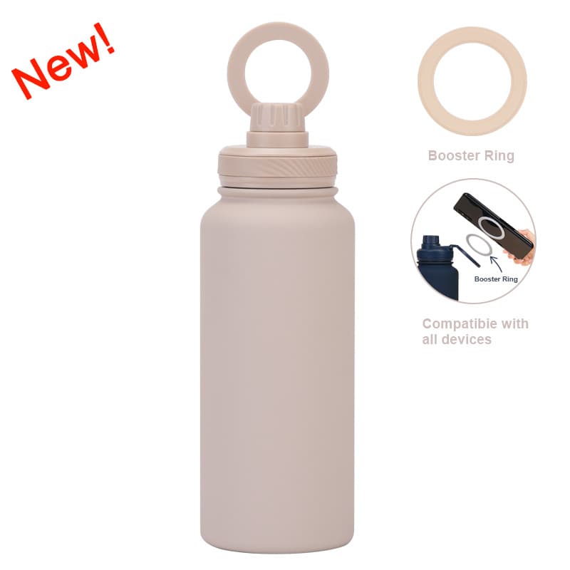 Beige 1L Stainless Steel Water Bottle with Magnetic Phone Holder Lid