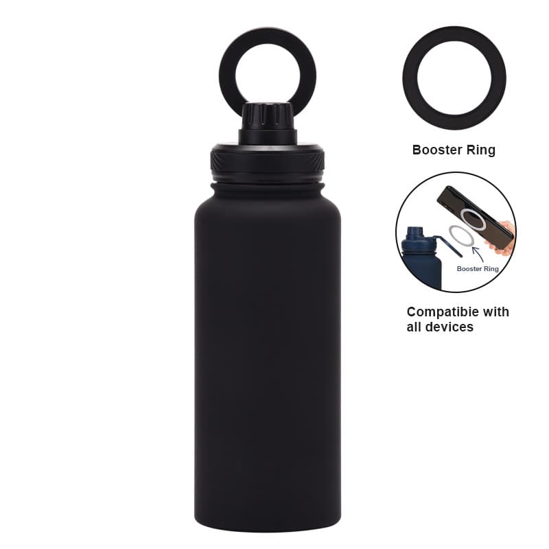 Black 1L Stainless Steel Water Bottle with Magnetic Phone Holder Lid