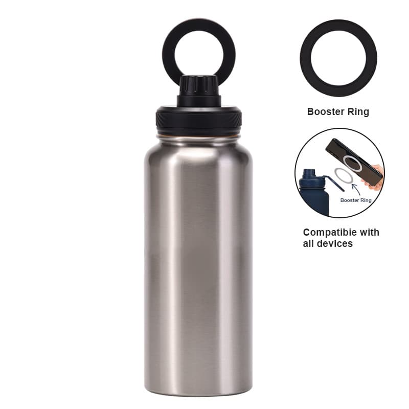 Silver and Black 1L Stainless Steel Water Bottle with Magnetic Phone Holder