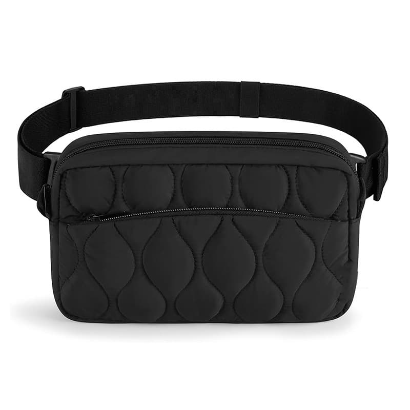 Black Quilted Belt Bag - Lightweight Nylon Crossbody Fanny Pack