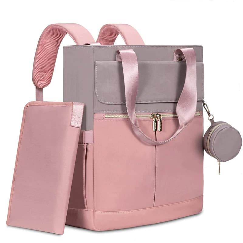 Pink and Grey Nappy Bag Backpack - Multi-Functional Diaper Bag