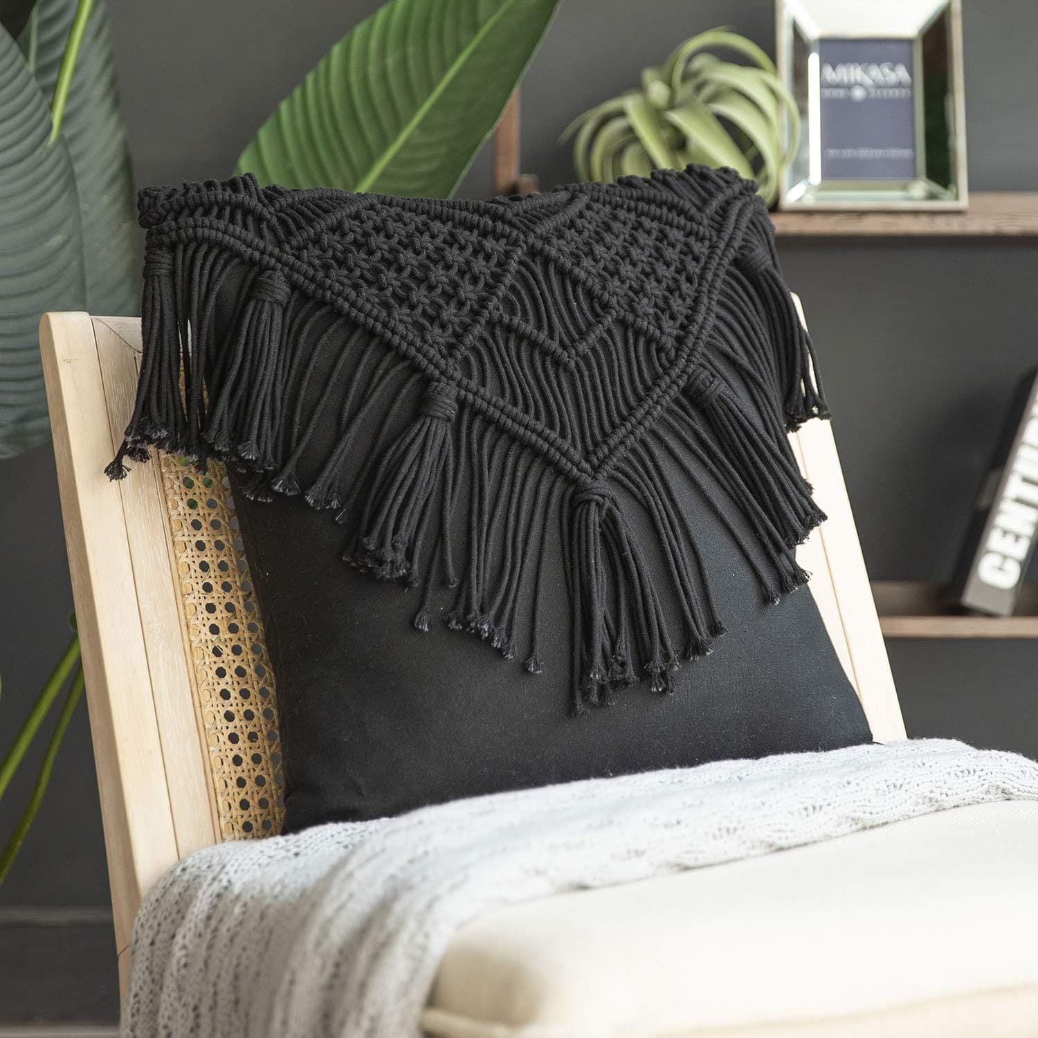 Black Boho Macrame Cushion Cover - Handmade Woven Cotton Linen - Cover Only