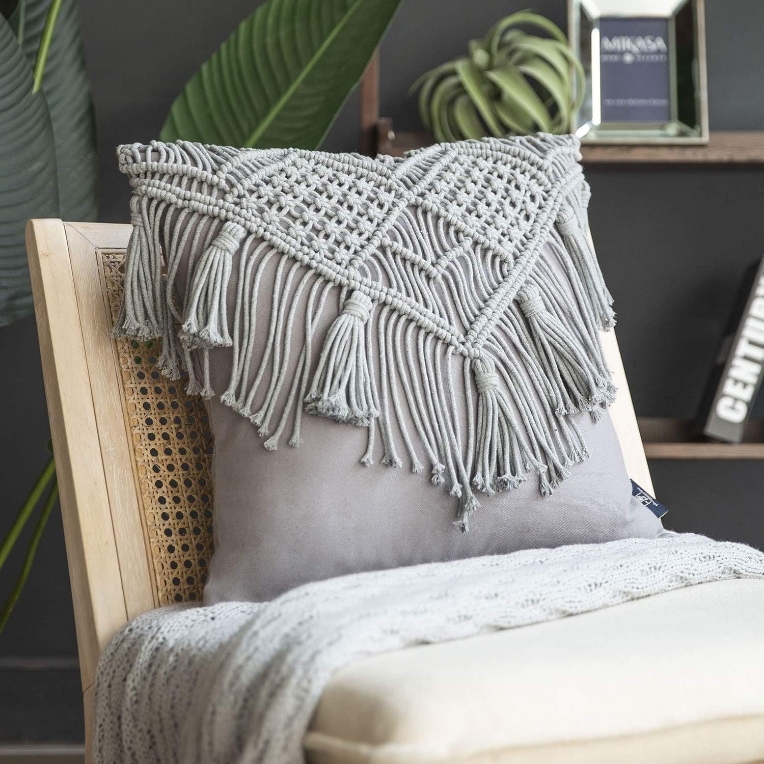 Grey Boho Macrame Cushion Cover - Handmade Woven Cotton Linen - Cover Only