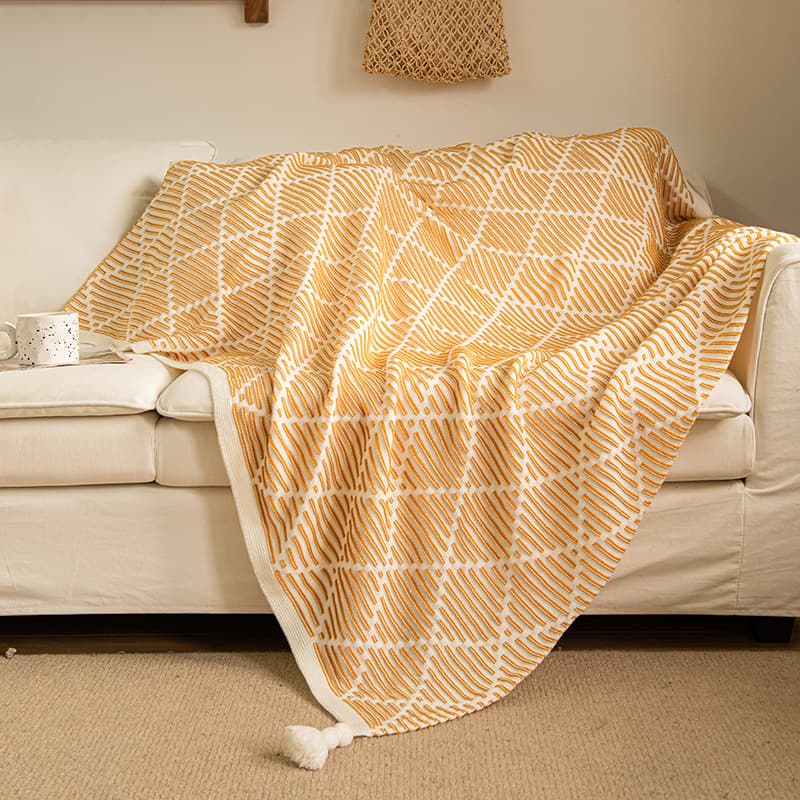 Yellow and Beige Diamond Pattern Soft Cozy Knit Throw Blanket with Tassels