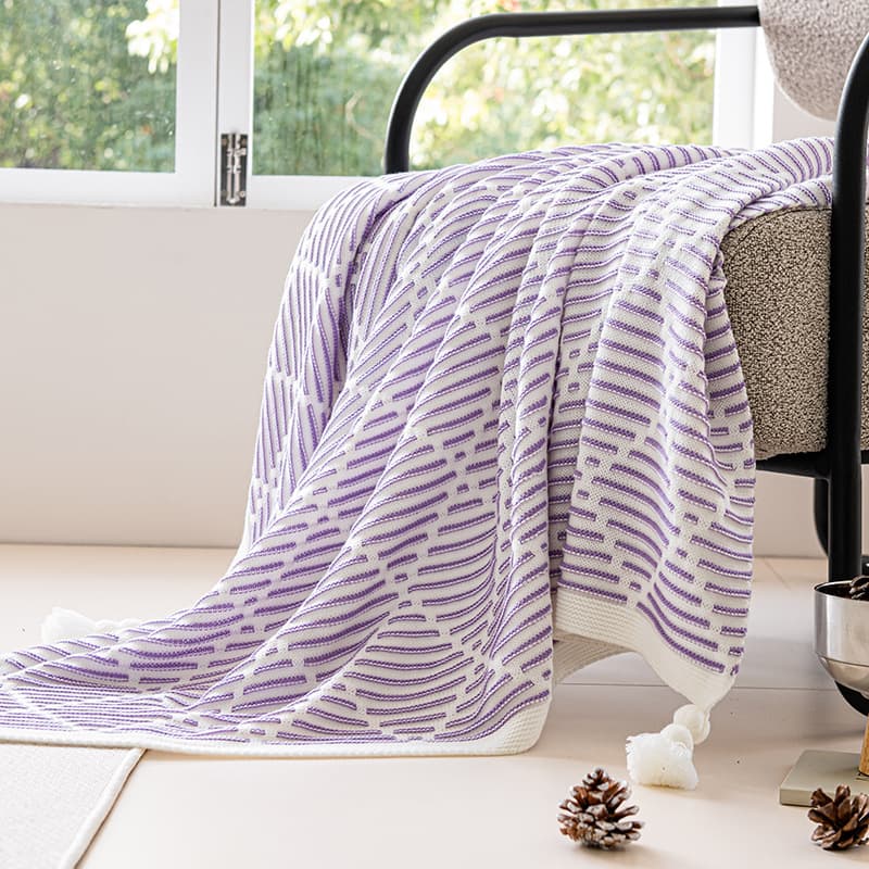 Purple and Beige Diamond Pattern Soft Cozy Knit Throw Blanket with Tassels