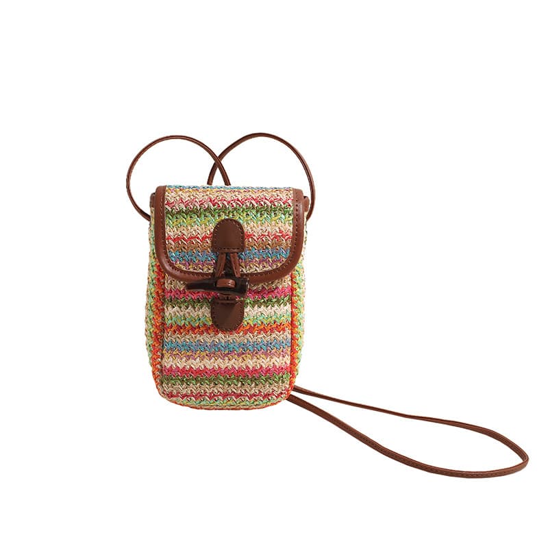 Colorful Boho Woven Straw Crossbody Bag - Colourful Striped Mini Phone Pouch