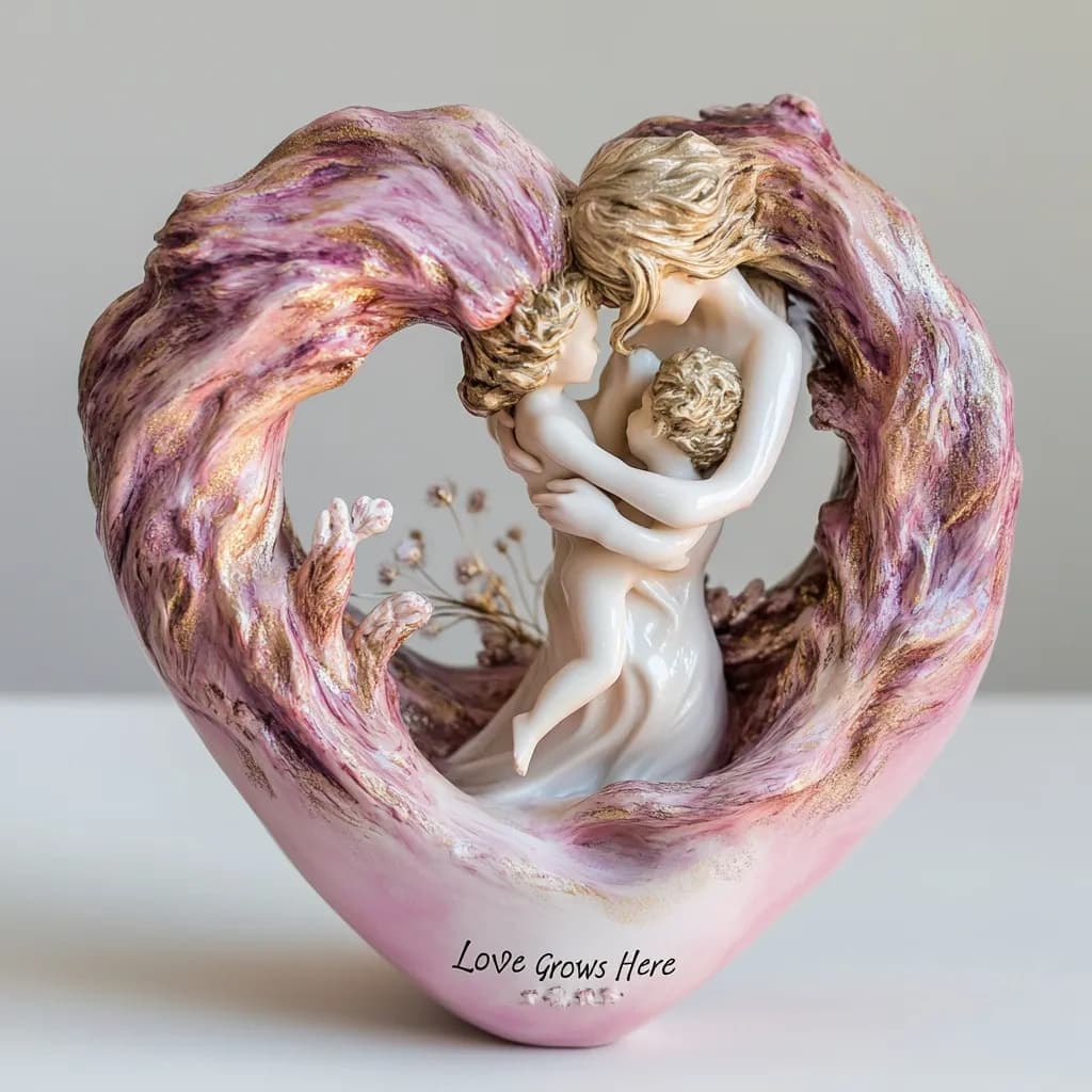 Pink Heartfelt Mother & Two Children Resin Figurine - "Love Grows Here"