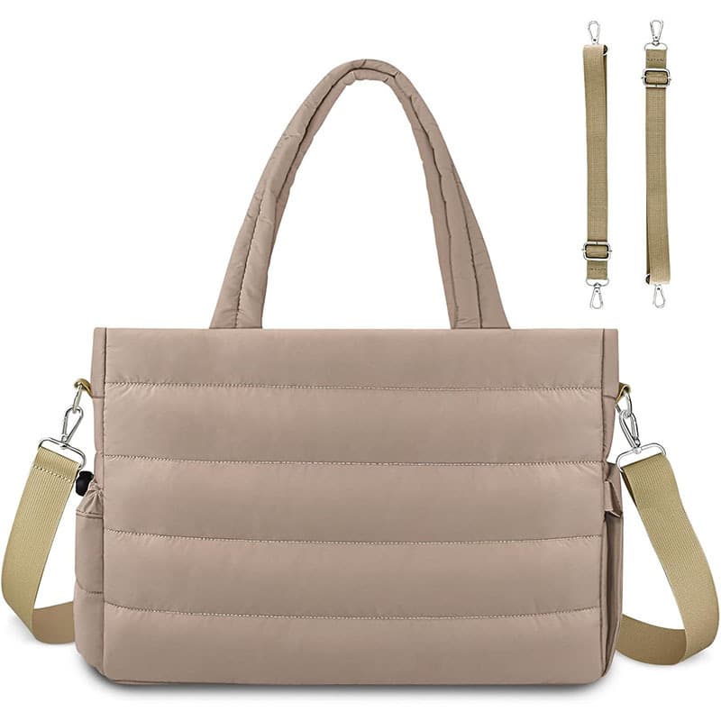 Khaki Quilted Nylon Tote Bag - Large Capacity Diaper Nappy Bag for Travel